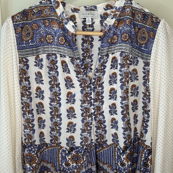 SALE 2/25 Lucky Brand Floral and Polka Dot Bohemian Style Blouse Size Medium - Picture 2 of 11